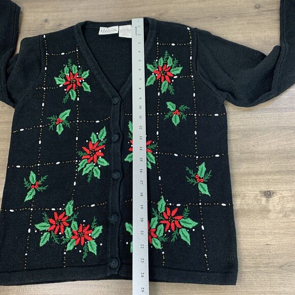VTG Basic Edition Ugly Sweater Cardigan Holiday Embroidered Poinsettias Small - Picture 5 of 10